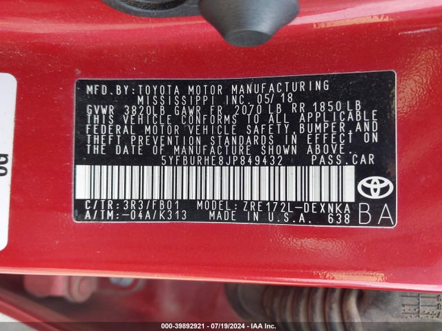 Toyota COROLLA LE 2018 5YFBURHE8JP849432 Image 9