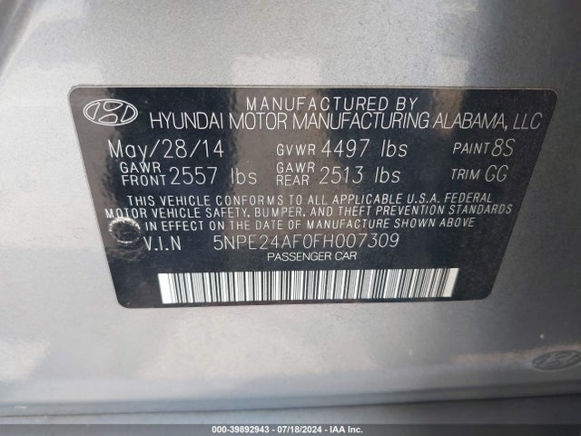 Hyundai SONATA SE 2015 5NPE24AF0FH007309 Image 9