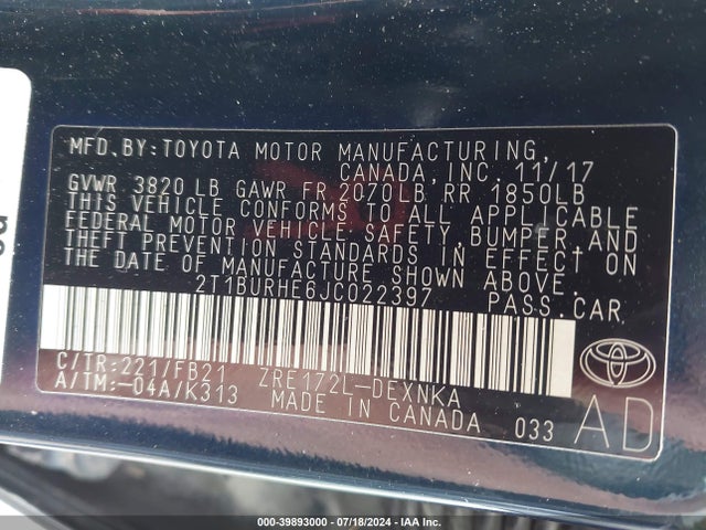 Toyota COROLLA LE 2018 2T1BURHE6JC022397 Image 9
