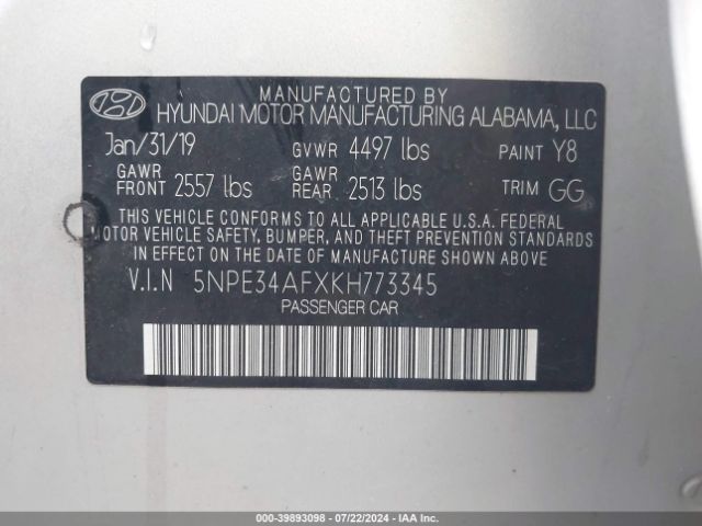 5NPE34AFXKH773345 Hyundai SONATA SEL