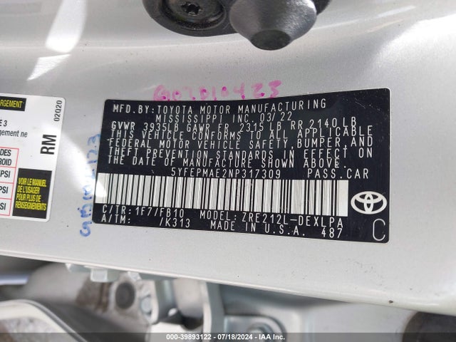 Toyota COROLLA LE 2022 5YFEPMAE2NP317309 Image 9