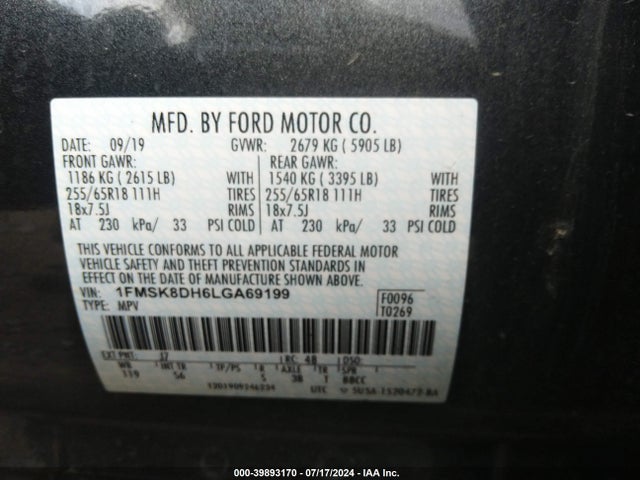 Ford EXPLORER XLT 2020 1FMSK8DH6LGA69199 Image 9