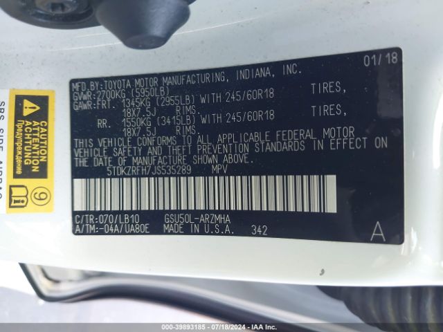 5TDKZRFH7JS535289 Toyota Highlander Xle