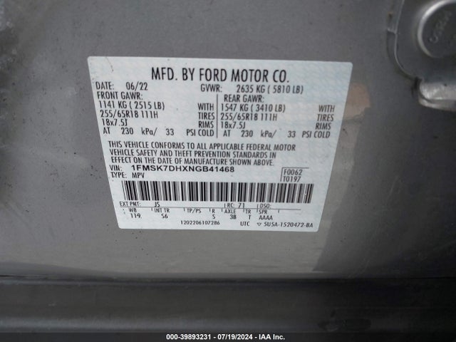 Ford EXPLORER XLT 2022 1FMSK7DHXNGB41468 Image 9