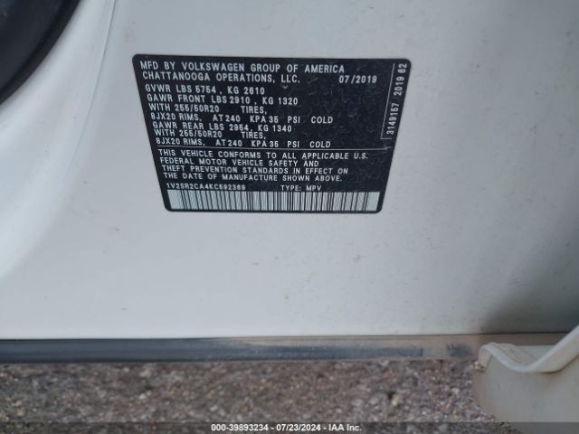 1V2SR2CA4KC592369 Volkswagen Atlas 3.6l V6 Sel R-line