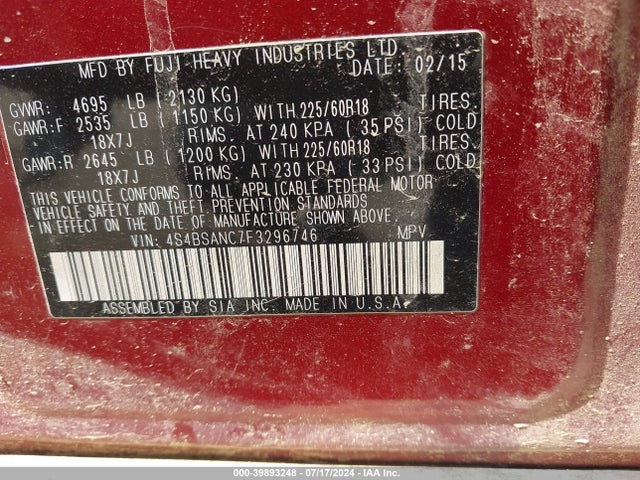 Subaru Outback 2.5i Limited 2015 4S4BSANC7F3296746 Image 9