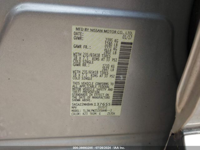 5N1AZ2MH8HN137655 Nissan MURANO S
