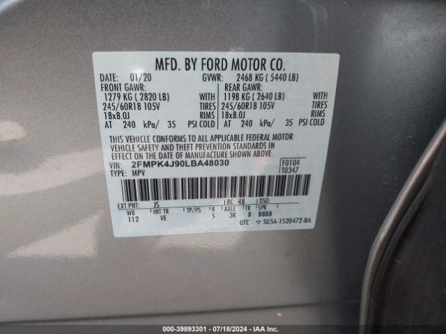 2FMPK4J90LBA48030 Ford EDGE SEL