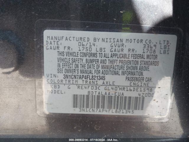 3N1CN7AP4FL821345 Nissan Versa 1.6 S