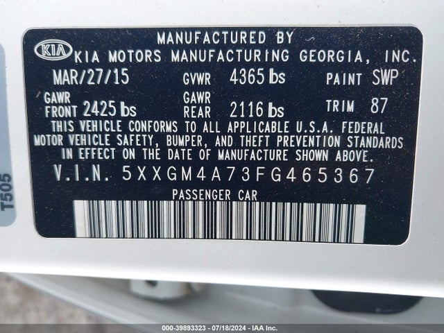 KIA Optima Lx 2015 5XXGM4A73FG465367 Image 9