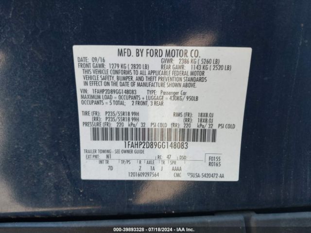 1FAHP2D89GG148083 Ford TAURUS SE