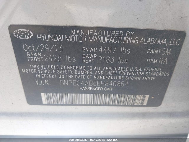 Hyundai Sonata Se 2.0t 2014 5NPEC4AB6EH840864 Image 9