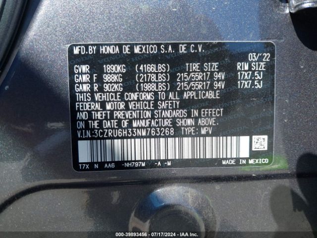3CZRU6H33NM763268 Honda Hr-v Awd Lx