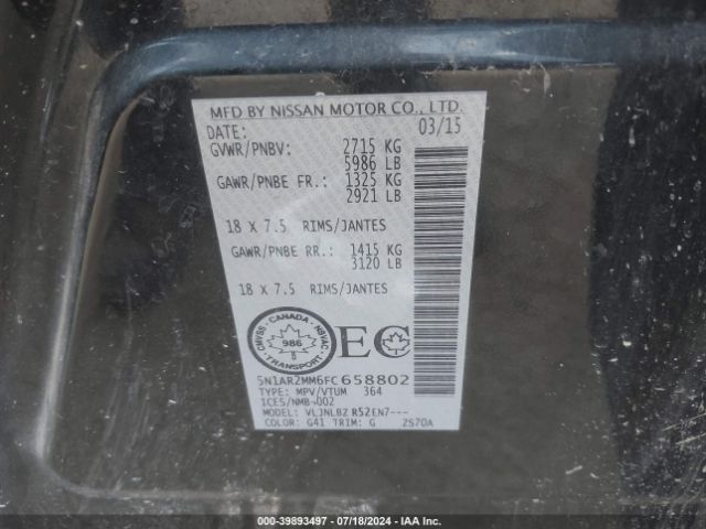 5N1AR2MM6FC658802 Nissan Pathfinder Platinum/s/sl/sv