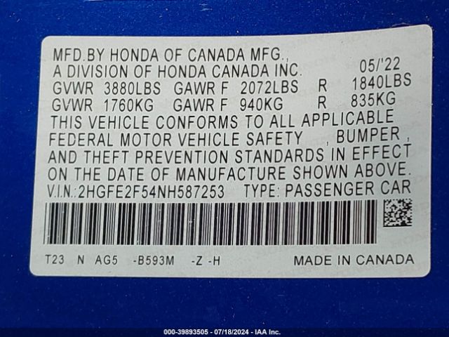 2HGFE2F54NH587253 Honda Civic Sport
