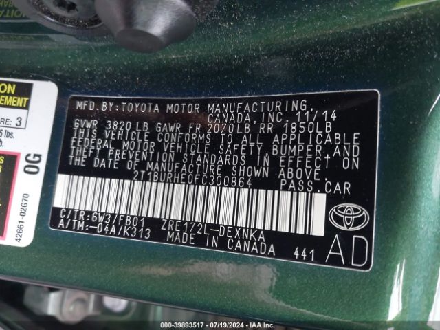 2T1BURHE0FC300864 Toyota Corolla L/le/le Pls/prm/s/s Pls