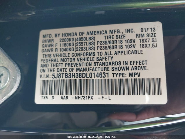 Aukcja sprzedaży 2013 Acura Rdx, vin: 5J8TB3H38DL014631, numer aukcji: 39893589