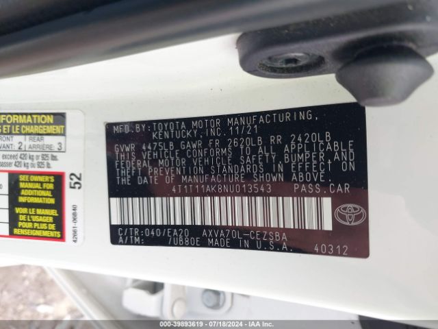 4T1T11AK8NU013543 Toyota CAMRY SE