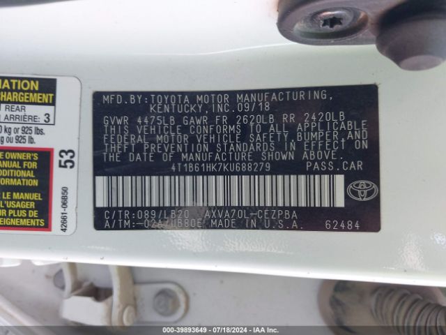 4T1B61HK7KU688279 Toyota CAMRY XSE