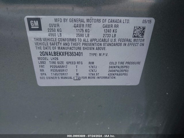 Chevrolet EQUINOX 1LT 2015 2GNALBEKXF6363401 Image 9