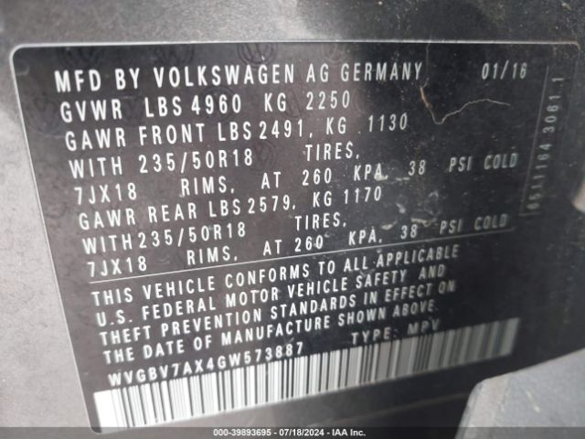 WVGBV7AX4GW573887 Volkswagen TIGUAN SE