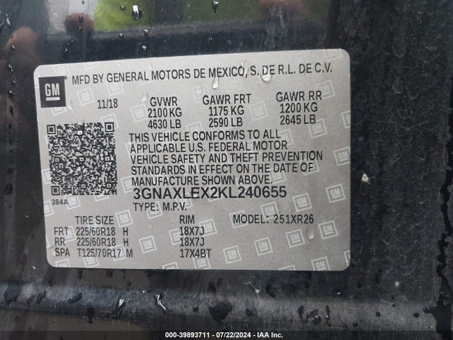 Chevrolet EQUINOX LT 2019 3GNAXLEX2KL240655 Image 9