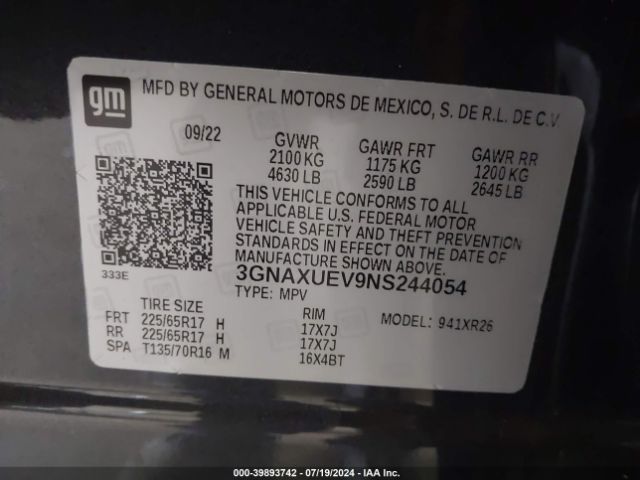 3GNAXUEV9NS244054 Chevrolet Equinox Awd Lt