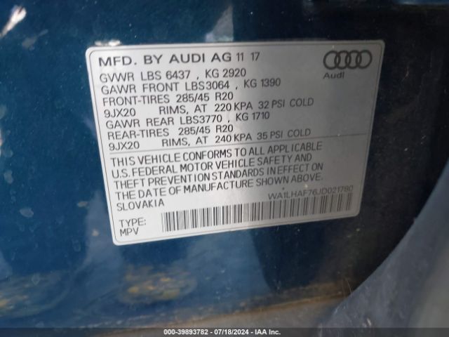 WA1LHAF76JD021780 Audi Q7 2.0t Premium