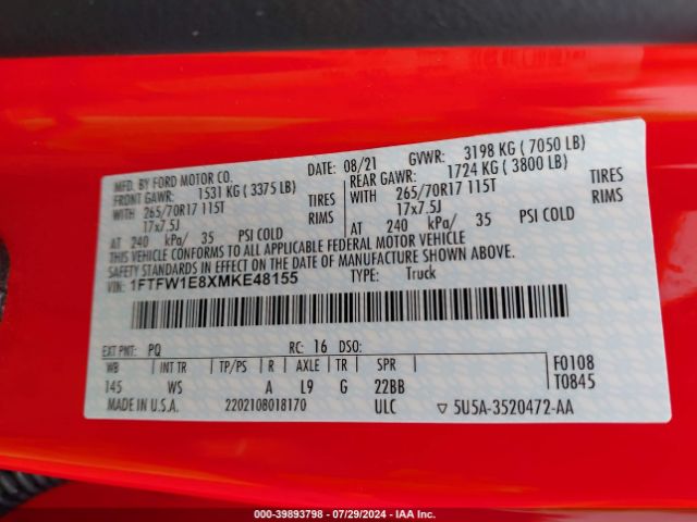1FTFW1E8XMKE48155 Ford F-150 Xl