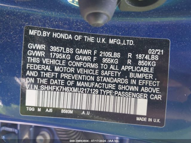SHHFK7H6XMU217129 Honda CIVIC EX