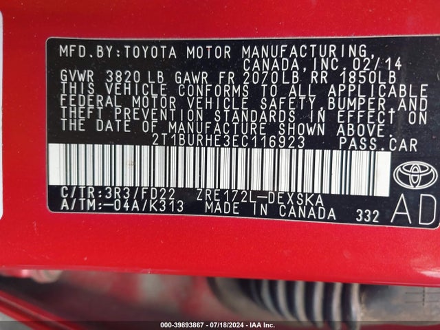 Toyota Corolla S Plus 2014 2T1BURHE3EC116923 Image 9