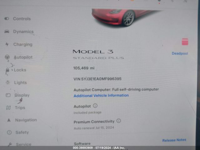 5YJ3E1EA0MF996395 Tesla Model 3 Standard Range Plus Rear-wheel Drive