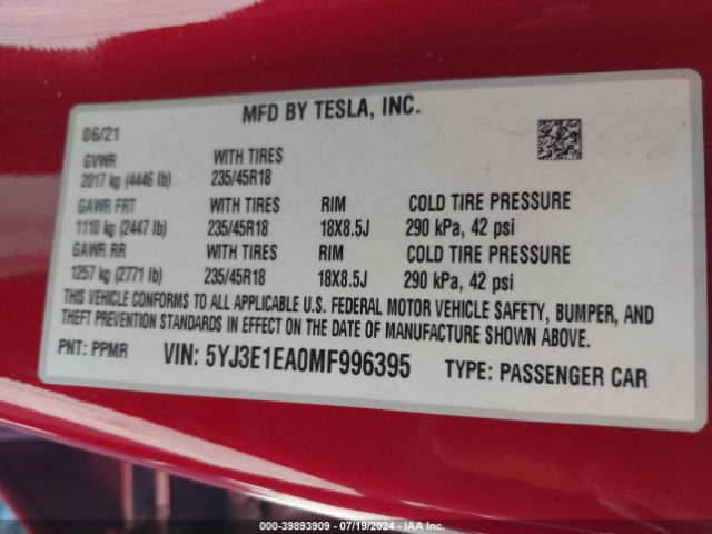 5YJ3E1EA0MF996395 Tesla Model 3 Standard Range Plus Rear-wheel Drive