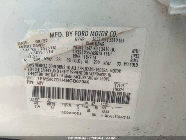 Ford EXPLORER XLT 2022 1FMSK7DH4NGB67046 Image 9