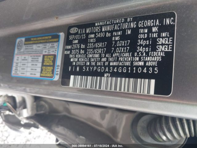 5XYPGDA34GG110435 KIA Sorento 2.4l Lx