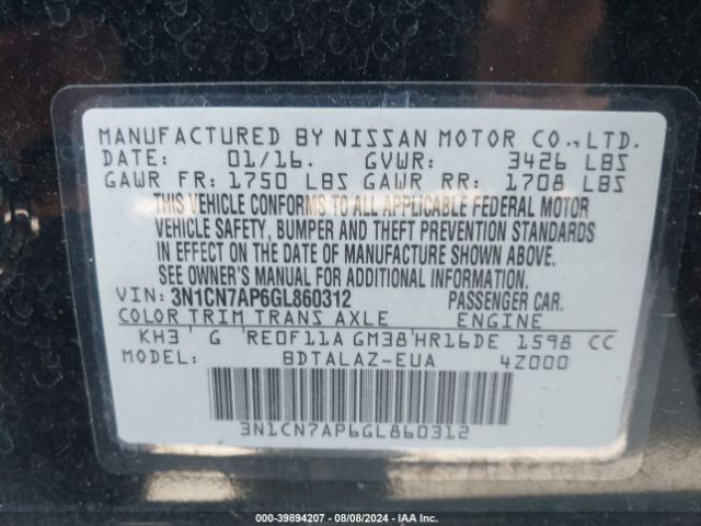 3N1CN7AP6GL860312 Nissan Versa 1.6 S+