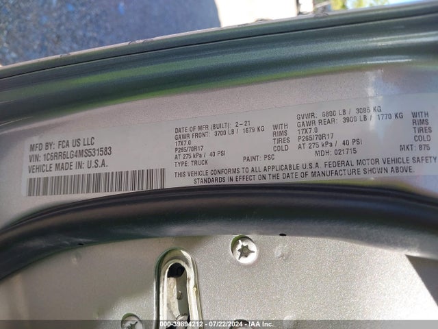 1C6RR6LG4MS531583 RAM 1500 Classic Slt  4x2 5'7 Box