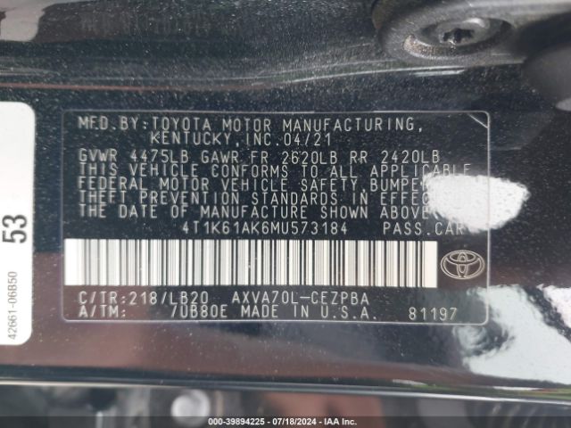 4T1K61AK6MU573184 Toyota CAMRY XSE