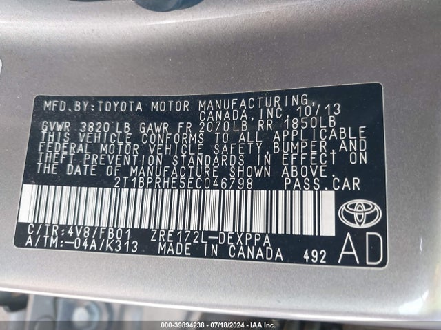 Toyota Corolla Le Eco Plus 2014 2T1BPRHE5EC046798 Image 9