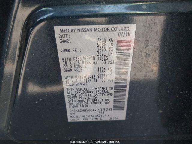 5N1AR2MN5GC629320 Nissan Pathfinder Platinum/s/sl/sv