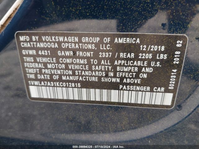 1VWLA7A31KC012815 Volkswagen Passat 2.0t Wolfsburg Edition