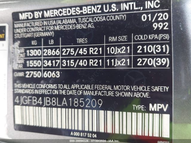 4JGFB4JB8LA185209 Mercedes-Benz GLE 350