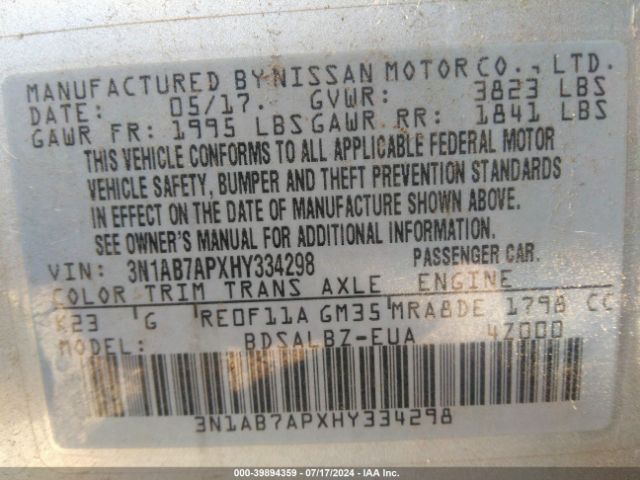3N1AB7APXHY334298 Nissan SENTRA S