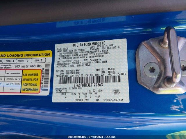 Ford Mustang Ecoboost 2020 1FA6P8TH3L5179363 Image 9