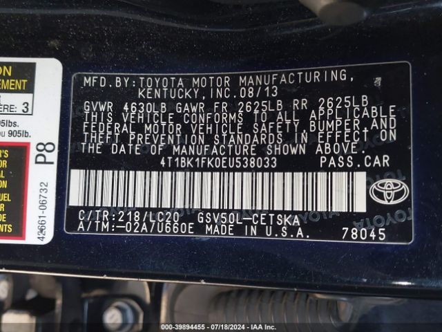 4T1BK1FK0EU538033 Toyota Camry Se V6