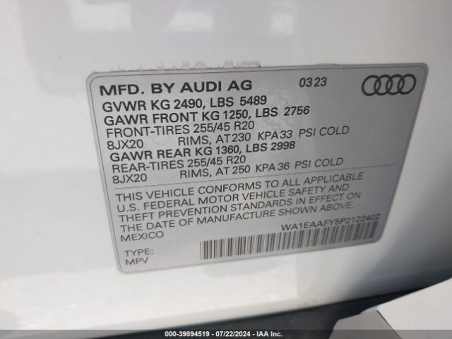 WA1EAAFY5P2122402 Audi Q5 Premium Plus 45 Tfsi S Line Quattro