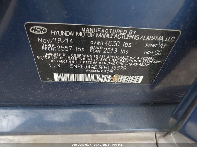 Hyundai Sonata Limited 2.0t 2015 5NPE34AB3FH136879 Image 9