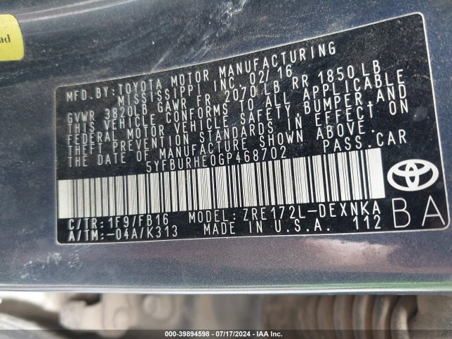 Toyota COROLLA LE 2016 5YFBURHE0GP468702 Image 9