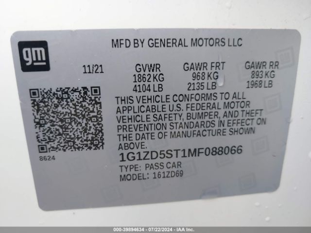 1G1ZD5ST1MF088066 Chevrolet Malibu Fwd Lt