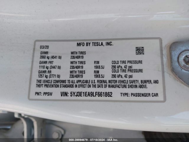 5YJ3E1EA9LF661862 Tesla MODEL 3